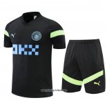 Trainingsanzug Manchester City Kurzarm 2022-2023 Schwarz - Kurze Hose